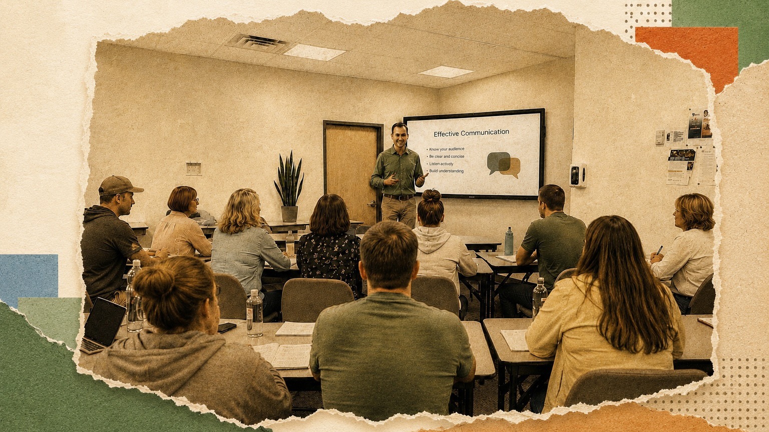 A teacher presenting an Effective Communication slide to Roaring Fork High School staff seated at tables with laptops