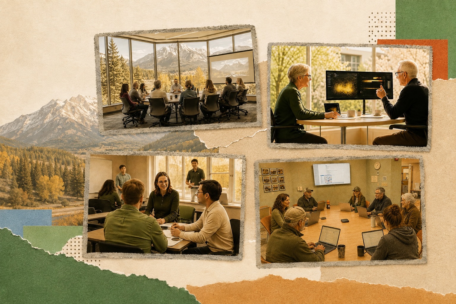 Four scenes side by side: a mountain-view conference room meeting, a one-on-one consulting session, a small group workshop, and a full staff meeting around a conference table
