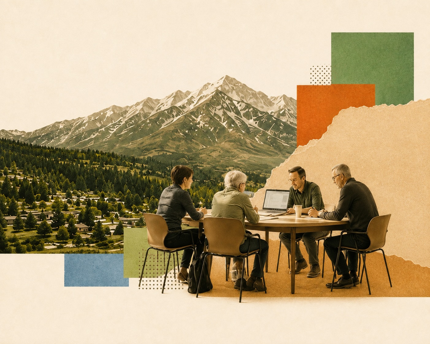 Small group of three to six people working through an AI workshop together
